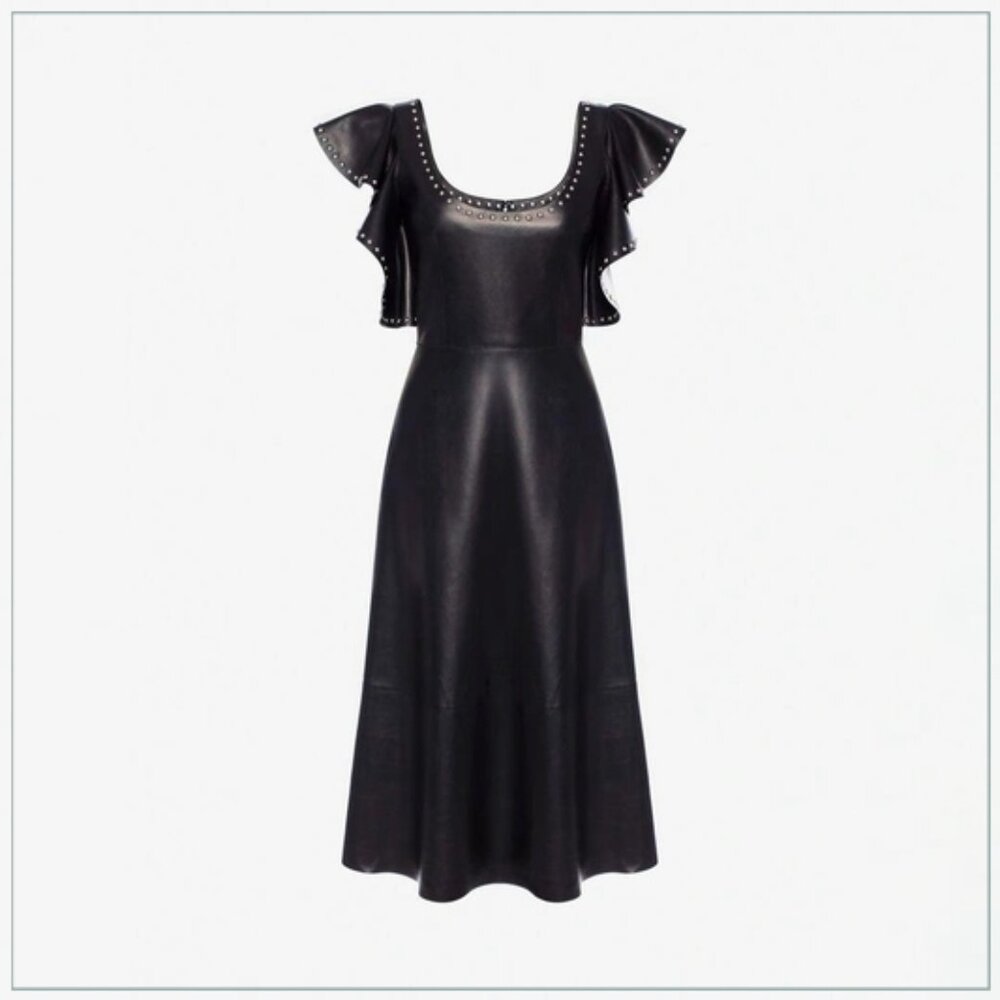 $8990 Alexander McQueen Studded Trim Lamb Leather Ruffle Runway Midi Dress - Picture 2 of 11